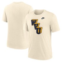 Front and back of a natural Nike WVU short sleeve tee with a diagonal WVU legacy vault logo full front screen print