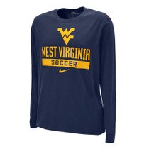 Navy WVU Nike long sleeve tee with a Flying WV Logo over West Virginia over Soccer full front screen print