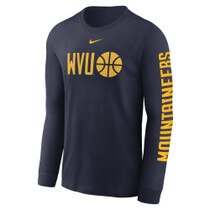 Navy WVU long sleeve tee with a gold WVU and basketball icon front screen print and Mountaineers screen print up left sleeve