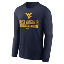 Navy Nike WVU long sleeve tee with Flying WV Logo over West Virginia over Gymnastics full front screen print