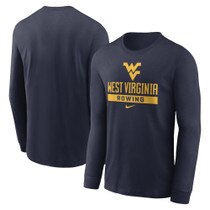 Navy Nike WVU long sleeve tee with Flying WV Logo over West Virginia over Rowing full front screen print