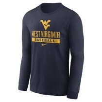 Navy Nike WVU long sleeve tee featuring the Flying WV over West Virginia over Baseball all in gold