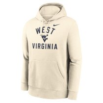 Natural WVU Nike hoodie with West arched over the Flying WV Logo over Virginia full front screen print