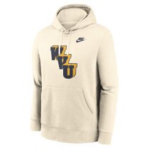 Natural Nike WVU hoodie with a diagonal WVU legacy vault logo full front screen print