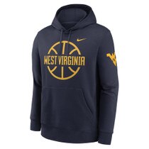 Navy Nike WVU hoodie with West Virginia and basketball icon full front screen print and a Flying WV Logo screen print on left sleeve at shoulder