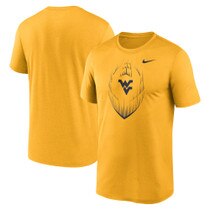 Front and back view of gold Nike WVU short sleeve shirt with navy football icon and navy Flying WV as chest graphic