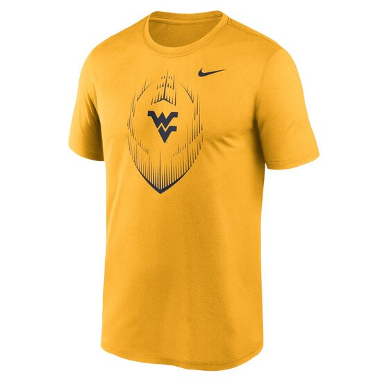 Front view of a gold Nike WVU short sleeve shirt with navy football icon and navy Flying WV as chest graphic