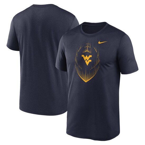 Front and back view of navy Nike WVU short sleeve shirt with gold football icon and gold Flying WV as chest graphic