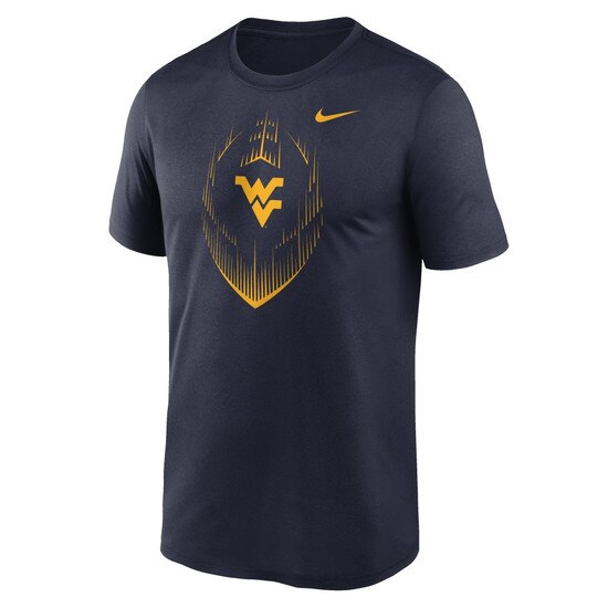 Front view of a navy Nike WVU short sleeve shirt with gold football icon and gold Flying WV as chest graphic