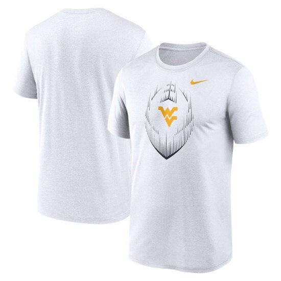 Front and back view of a white Nike WVU short sleeve shirt with navy football icon and gold Flying WV as chest graphic