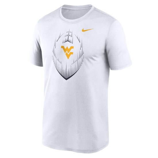 Front view of a white Nike WVU short sleeve shirt with navy football icon and gold Flying WV as chest graphic