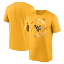 Front and back of a gold Nike WVU short sleeve tee with a WVU Basketball icon screen print featuring the Flying WV Logo as the chest graphic