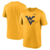 Gold Nike WVU tee with a large navy Flying WV Logo full front screen print