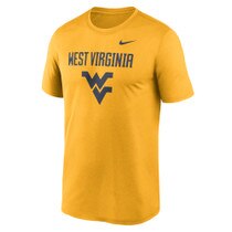 Gold Nike WVU tee with West Virginia over the Flying WV Logo full front screen print