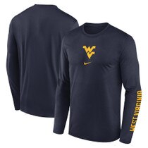 Front and back of a navy Nike WVU long sleeve tee with a Flying WV Logo center front screen print and West Virginia screen print on left sleeve