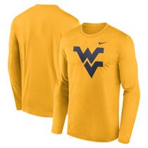 Front and back of a gold Nike WVU long sleeve tee with a large navy Flying WV as the chest graphic,