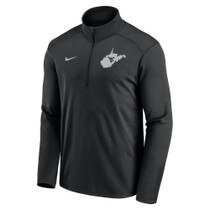 Black Nike WVU half zip pullover with Flying WV inside the state of West Virginia icon left chest screen print