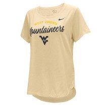 Natural women's Nike WVU tee with West Virginia arched over script Mountaineers over the Flying WV Logo