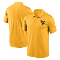 Front and back of a gold Nike WVU polo with a navy Flying WV on the left chest and a three button placket.