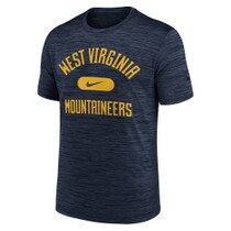 Navy Nike WVU tee with West Virginia arched over the Nike trademark swoosh and Mountaineers full front screen print