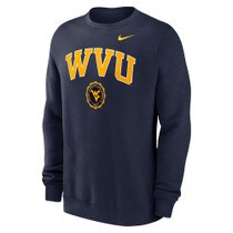 Navy Nike WVU crew sweatshirt with WVU arched over a faux seal featuring the Flying WV Logo full front screen print