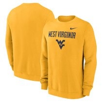 Gold Nike WVU crew sweatshirt with West Virginia over the Flying WV Logo front screen print