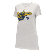 White women's WVU tee with full front screen print West Virginia with Mountaineers over the state of West Virginia