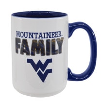 WVU RFSJ white and navy mug with WVU Mountaineer Family design