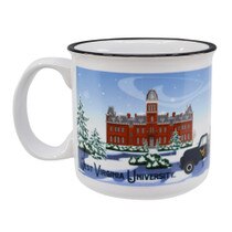 White WVU campfire mug with a full color sublimated holiday design featuring Woodburn Hall and the Mountaineer Statue