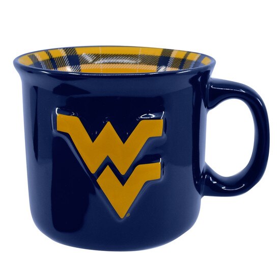 Navy WVU mug with a raised Flying WV on one side, navy, white plaid interior wrap, Let's Go Mountaineers inside the bottom of the cup, and West Virginia printed on the handle