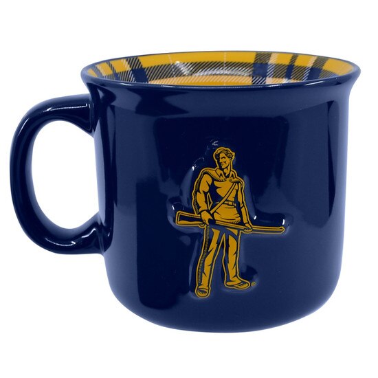 Navy WVU mug with a raised Mountaineer mascot on the other side, navy, white plaid interior wrap, Let's Go Mountaineers inside the bottom of the cup, and West Virginia printed on the handle