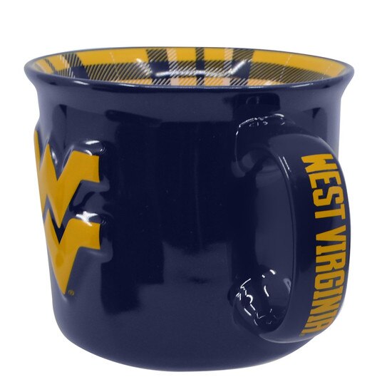 Navy WVU mug showing the West Virginia printed on the handle