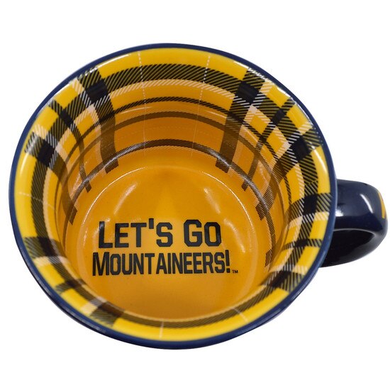 Navy WVU mug showing the navy, white plaid interior wrap, and the Let's Go Mountaineers inside the bottom of the cup