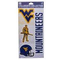 WVU sticker sheet featuring a Flying WV, Mountaineer Mascot, football helmet with Flying WV inside and Mountaineers verbiage