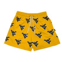 Gold WVU shorts with all over screen printed navy Flying WVs