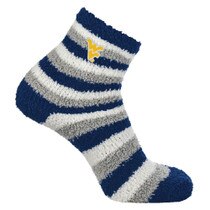 Navy, white, and grey striped WVU bed socks with a gold Flying WV Logo heat seal emblem