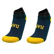 Navy WVU low cut socks with gold heel and toe and gold knit-in WVU on the top