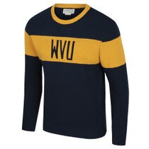 Navy WVU sweater with Jacquard knit-in WVU in a gold front panel and wide knit-in stripes on upper sleeves