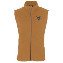 Brown full zip WVU vest with a navy Flying WV on the left chest.