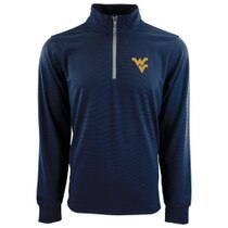 Navy long sleeve quarter zip WVU pullover with a gold Flying WV on the left chest.