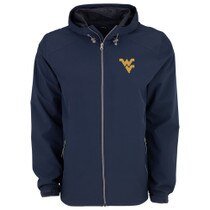 Navy WVU full zip waterproof jacket with a gold Flying WV as the left chest graphic.