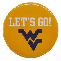 Gold WVU button with white Let's Go! over a navy Flying WV