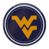 Blue WVU button with gold Flying in the center within a white dotted circle and white solid line circle