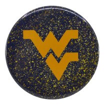 Navy and gold confetti button with a gold Flying WV