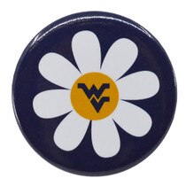 Navy WVU button with a white and gold daisy and a navy Flying WV in the gold center